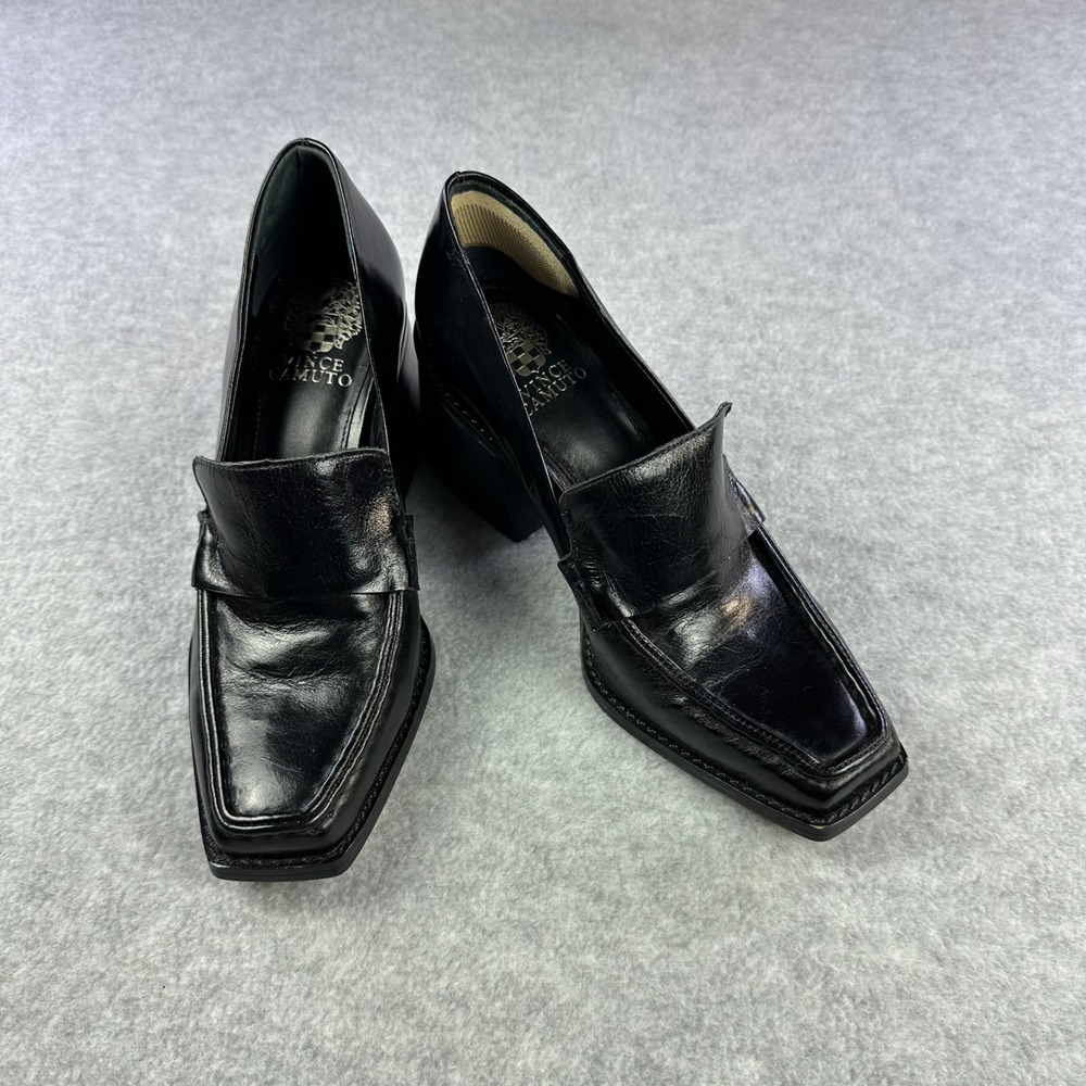 Vince Camuto Segellis Black Leather Square Toe Block Heel Loafers 7.5M 38